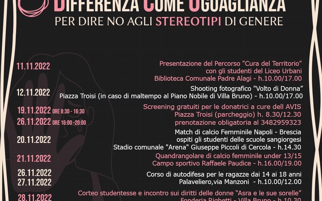 Differenza come Uguaglianza”: il programma di eventi per la Giornata contro la violenza sulle donne